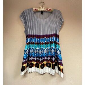 Benedetti Italy Womens Short Sleeve Pleated Blouse Stretch Stripe Geo Multicolor